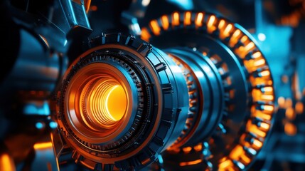 Fototapeta premium A close up of a machine with a glowing orange part