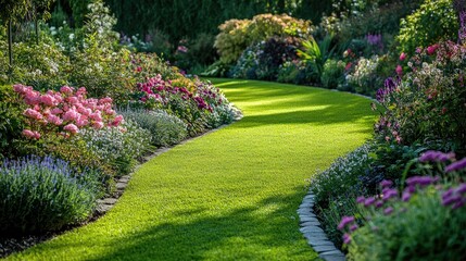 Obraz premium Beautiful green lawn bordered by a variety of blooming flowers and shrubs