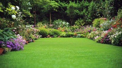 Obraz premium Beautiful green lawn bordered by a variety of blooming flowers and shrubs