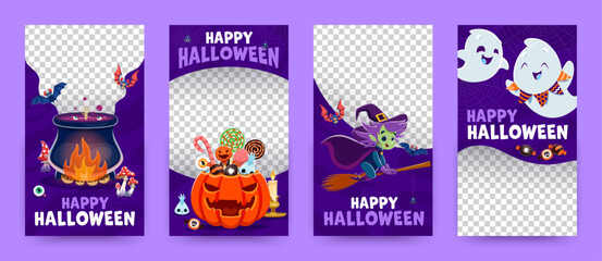 Fototapeta premium Halloween social media frame templates with holiday characters. Spooky vector layouts featuring adorable ghosts, witch riding broom, cauldron with potion, pumpkin bucket with sweets, vertical borders