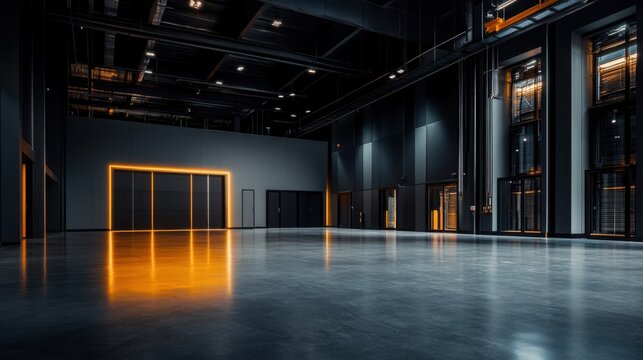 A large, empty room with orange lights shining on the floor