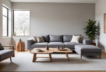 A modern living room with a gray sofa a white lamp and wall poster decorative .