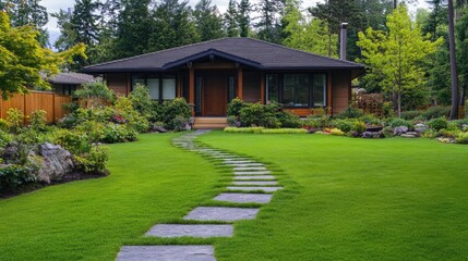 Fototapeta premium Beautiful lawn by a one-story house with a stone pathway leading to the front door