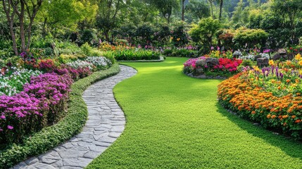 Obraz premium Beautifully maintained green lawn with a winding stone path and colorful flower borders
