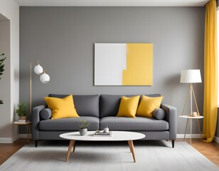 A modern living room with a gray sofa a white lamp and wall poster decorative .