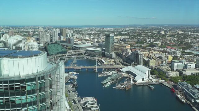 High angle view of Darling harbour from a skyscraper in Barangaroo, Sydney Australia