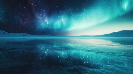 Naklejka premium Breathtaking northern lights reflecting on a serene, frozen lake