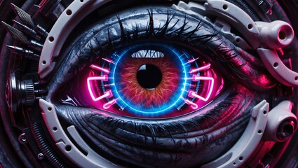 Obraz premium Macro Photography of a Mythological Cyberpunk Eye with Neon Cybernetic Enhancements and Industrial Elegance