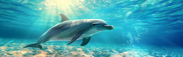 Obraz premium Dolphin swimming in the open blue sea with sunlight on background 