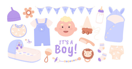 Boy baby shower. Newborn male accessories, toys and clothes. Bed pacifier banner with blue flags. Cartoon kid face, racy vector nursery elements