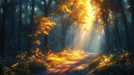 A quiet forest path with the sunlight filtering through the trees, casting a sparkling glow.