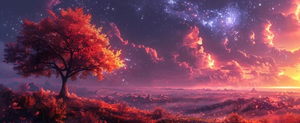 Fototapeta premium Majestic Tree at Sunset in a Fantasy Landscape