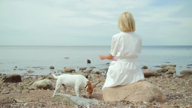 Blonde woman in white dress sitting on rock alone with dog on stony shore during windy day. She is enjoying calmness and fresh air, looking on skyline
