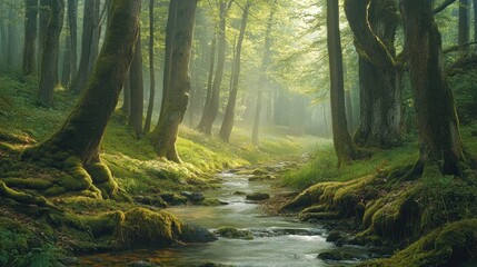 Obraz premium Enchanting forest with moss-covered trees and a gentle stream running through