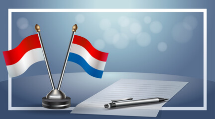 Indonesia and Netherlands Small national flag on bokeh background, cooperative relationship