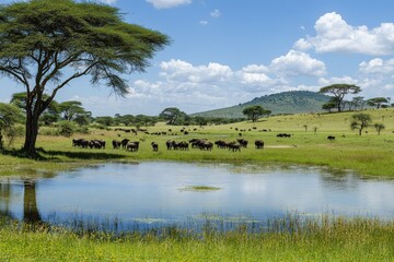 Fototapeta premium A herd of buffaloes leisurely grazes on the green grass near a tranquil blue pond, surrounded by acacia trees under a partly cloudy sky, reflecting nature's abundance and calmness.