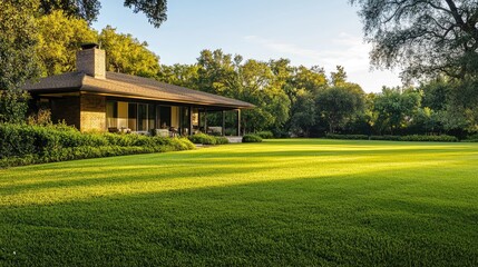 Naklejka premium Expansive lawn next to a one-story ranch-style house with a wraparound porch