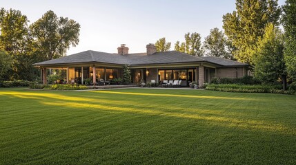 Expansive lawn next to a one-story ranch-style house with a wraparound porch