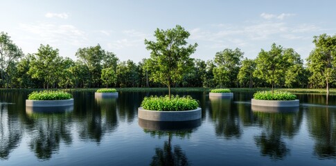 A tranquil lake is encircled by trees planted in recycled containers, illustrating the harmonious blend of ecological restoration and environmental care.