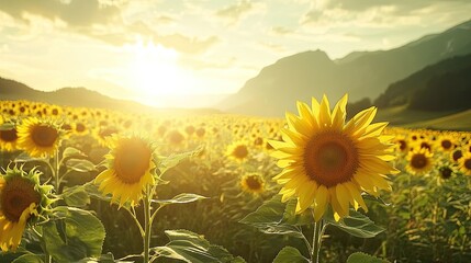 Fototapeta premium Field of sunflowers turning towards the sun, representing renewable energy