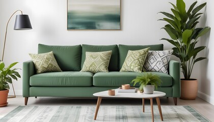 A modern green and gray sofa with decorative drawing room.