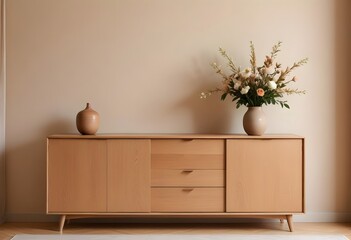 A wooden sideboard with two vases of white flowers, set against a beige wall