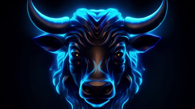 A glowing neon Taurus zodiac sign against a dark background, symbolizing strength and reliability.