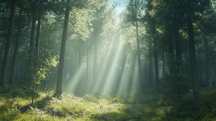 Fototapeta premium Green pine forest on a sunny day, with rays of light creating a magical atmosphere