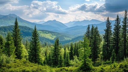 Fototapeta premium Green pine forest with a view of a distant mountain range