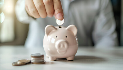 Man put coin into a piggy-bank