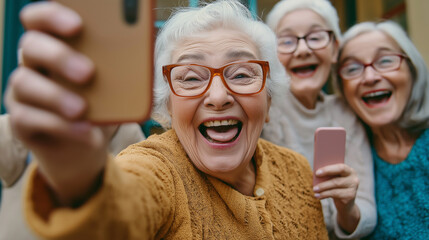 Elderly person having a great time taking selfie at retirement home, positive and cheerful moment of self-expression and social enjoyment