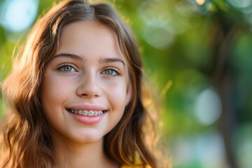 Obraz premium Smiling girl with braces in a lush green park close up. Bite correction, dental health