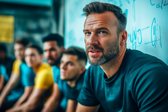 Soccer coach giving a motivational speech to his team in the locker room before a match - Powered by Adobe