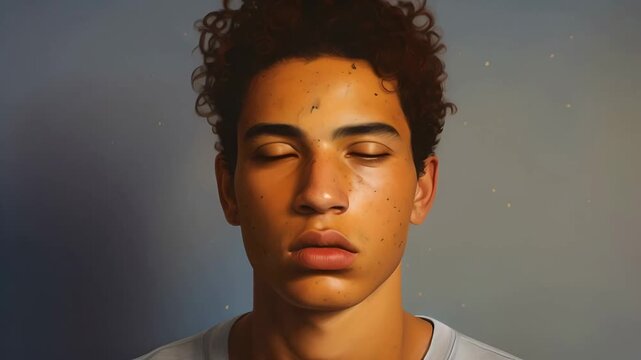 A young Latin man with freckles gazes confidently, showcasing his unique beauty and cultural heritage in a vibrant setting