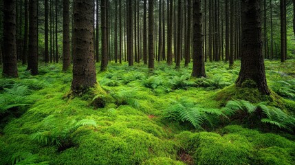 Fototapeta premium Lush green pine forest floor covered with ferns and mosses