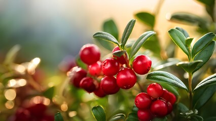 Obraz premium Lingonberries on a bush, close-up, harvesting. Fresh, ripe lingonberries on a bush in the sun.