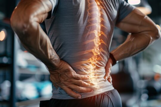 Man showing spine alignment and posture while exercising in gym. Back pain and health.