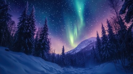 Fototapeta premium Majestic northern lights illuminating a snowy forest landscape under a starry night sky