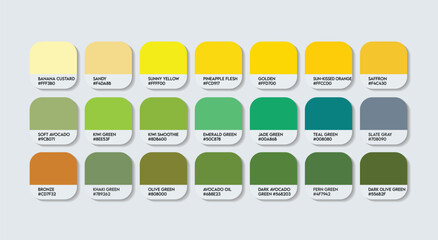 Green and Yellow Color Palette, Green and Yellow Color Guide Palette with Color Names. Catalog Samples of Green and Yellow with RGB HEX codes and Names. Paint, Nature, Plastic, Fashion Trend Colors