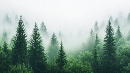 Misty morning in a green pine forest, with fog enveloping the tall trees