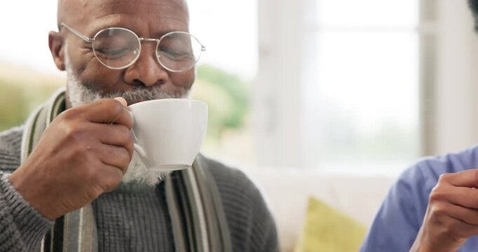 Nurse, man, or people with coffee for cheers in health, wellness of results in home. Mature person, glasses and drinking for aroma, delicious or taste of hot beverage in living room, relax and peace