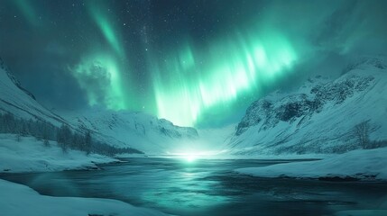 Fototapeta premium Northern lights creating a mesmerizing display over a quiet snowy valley