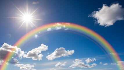 A massive double rainbow stretches across the sky filled with fluffy clouds with vivid shades of blue and pink. 