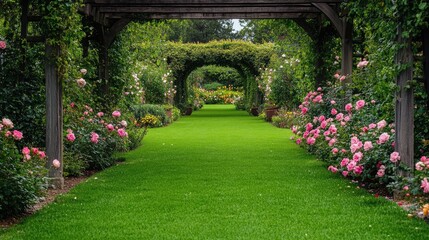 Fototapeta premium Perfect green lawn bordered by rose bushes and a wooden trellis with climbing vines