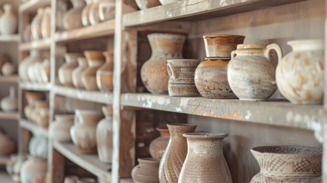 Close-up of ceramic pottery displayed on wooden shelves, showcasing artisanal craftsmanship and rustic decor.