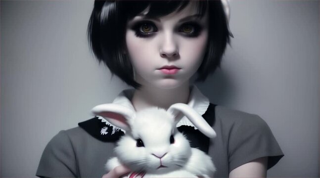 Sad emo girl holding a white rabbit