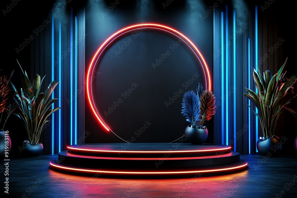 Poster a striking neon-lit podium with vibrant led displays, set against a dark backdrop with dynamic neon 