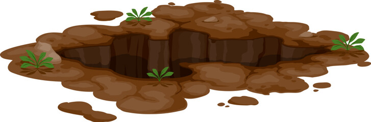 Dirty pit burrow or deep ground hole and underground dig in earth soil, cartoon vector. Hole in soil or pit hollow and underground burrow with dirt stones and grass, groundhog or mole burrow pit