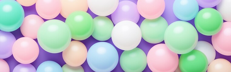 Festive bubbles decoration. Pastel balls pattern. Glossy 3d spheres or marbles backdrop. For banner, top view, flat lay. Celebration, birthday, wedding, baby shower, anniversary, party, women's day.