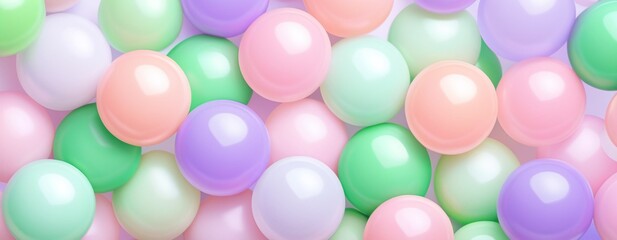 Festive bubbles decoration. Pastel balls pattern. Glossy 3d spheres or marbles backdrop. For banner, top view, flat lay. Celebration, birthday, wedding, baby shower, anniversary, party, women's day.